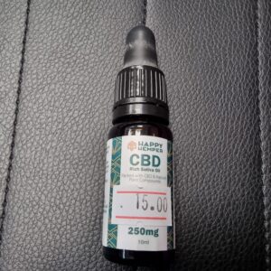 Dropper bottle of Happy Hemper 250mg CBD Rich Sativa Oil
