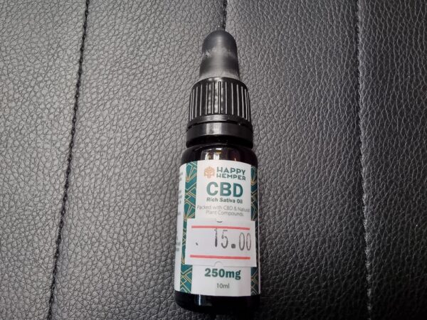 Dropper bottle of Happy Hemper 250mg CBD Rich Sativa Oil