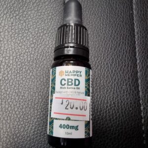Dropper bottle of Happy Hemper 400mg CBD Rich Sativa Oil