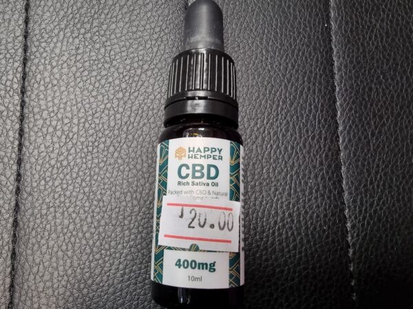 Dropper bottle of Happy Hemper 400mg CBD Rich Sativa Oil